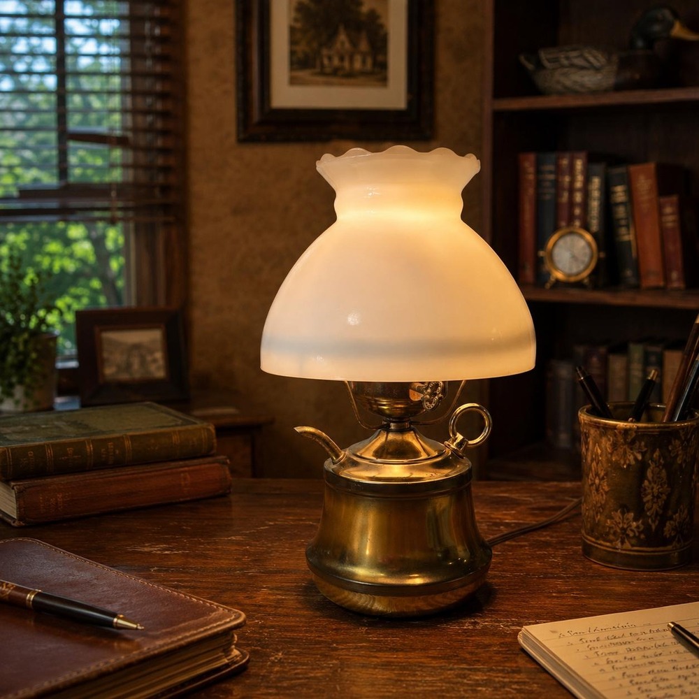 VTG Electric Oil Lamp Style Table Lamp Milk Glass Hurricane Shade Brass Tone